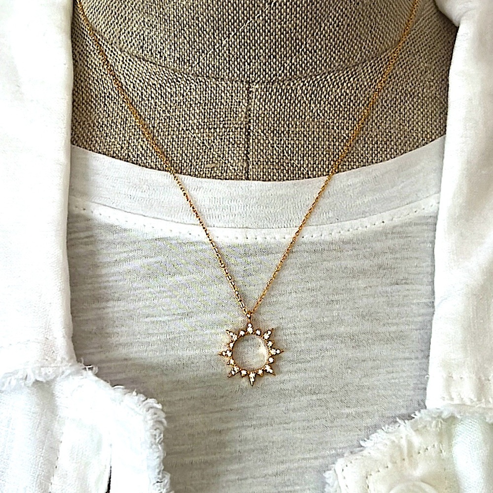 Delicate Gold Plated With Cubic Zirconia Pave Sun Necklace - NEW